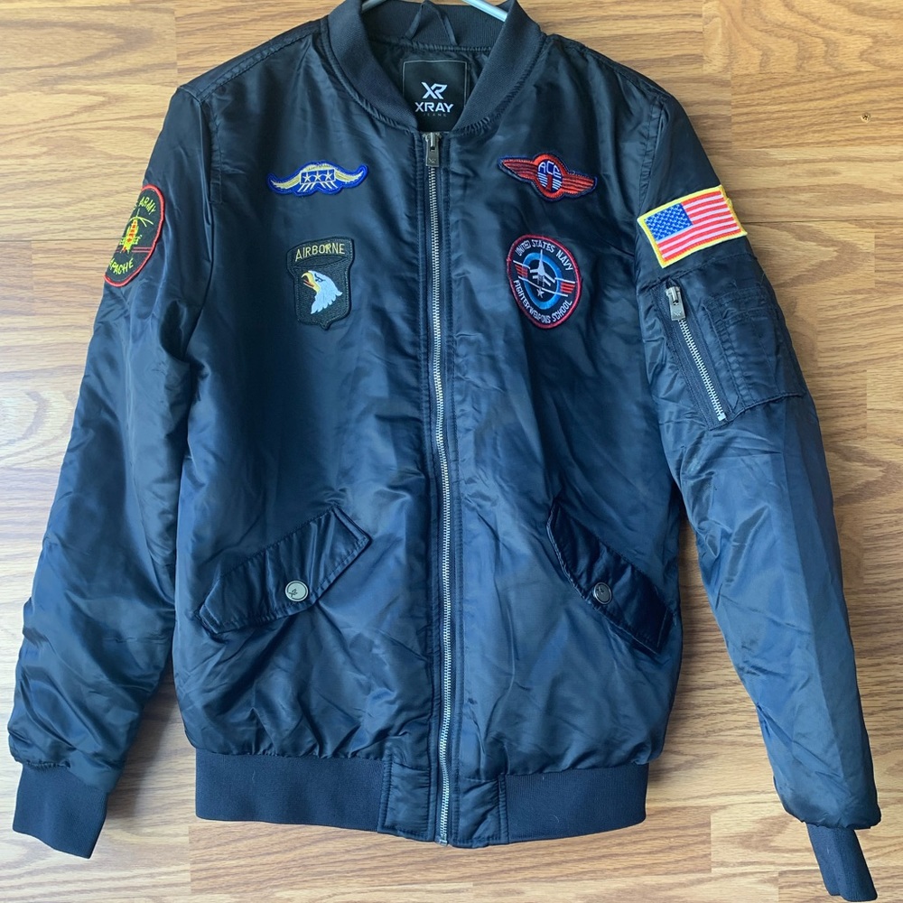 XRAY Jeans Black Stand Up Collar Long Sleeve Patch Embellished Flight Jacket M